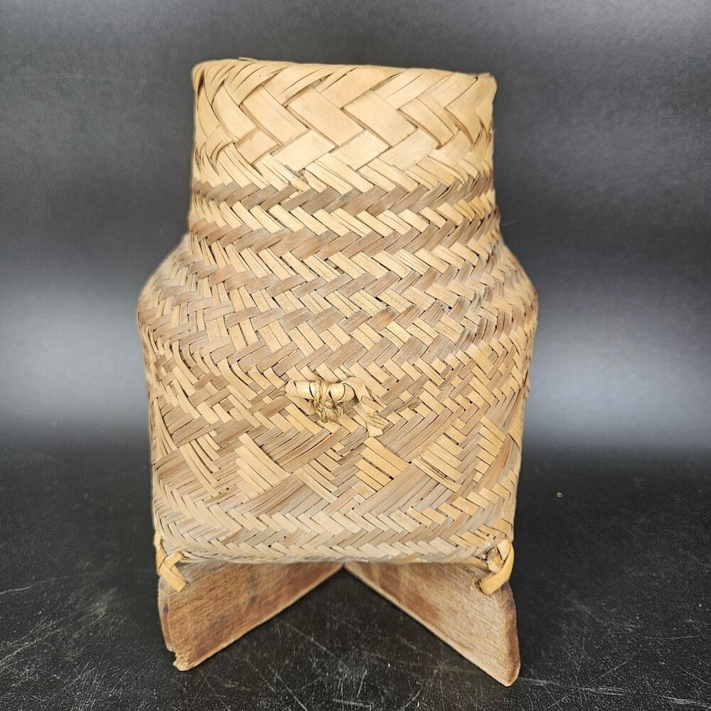 Handwoven Bamboo Basket Wooden X-Base Stand 8" Rustic Boho Home Decor Storage